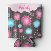 ピンクお洒落ブルーハートと花フローラ名 缶クーラー (正面)