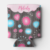 ピンクお洒落ブルーハートと花フローラ名 缶クーラー (裏面)