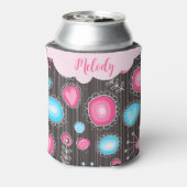 ピンクお洒落ブルーハートと花フローラ名 缶クーラー (缶裏面)