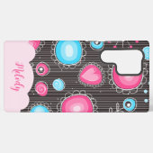 ピンクお洒落ブルーハートと花フローラ名 SAMSUNG GALAXYケース (裏面横)