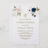 ピンクお洒落ブルー金ゴールド花ツインズ《キリスト教》洗礼式や命名式 招待状 (正面/裏面)