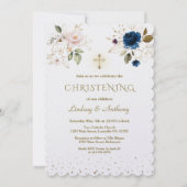 ピンクお洒落ブルー金ゴールド花ツインズ《キリスト教》洗礼式や命名式 招待状 (正面)