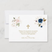 ピンクお洒落ブルー金ゴールド花双生児バプテスマ サンキューカード (正面)
