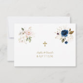 ピンクお洒落ブルー金ゴールド花双生児バプテスマ サンキューカード (裏面)