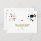 ピンクお洒落ブルー金ゴールド花双生児バプテスマ サンキューカード (正面/裏面)