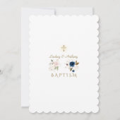 ピンクお洒落ブルー金ゴールド花双生児バプテスマ 招待状 (裏面)