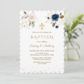 ピンクお洒落ブルー金ゴールド花双生児バプテスマ 招待状 (スタンド正面)