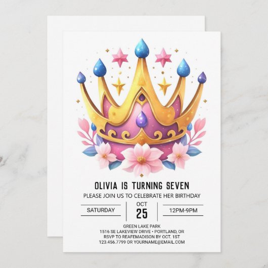 ピンクお洒落プリンセスクラウン誕生日 招待状