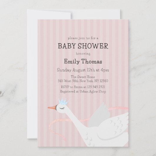 ピンクお洒落プリンセススストライプワンベイビーシャワー 招待状 (正面)