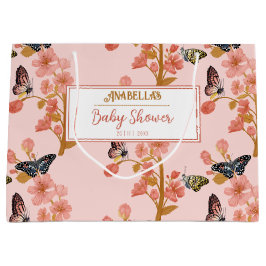 ピンクお洒落ボホバタフライガールベビーシャワー ラージペーパーバッグ