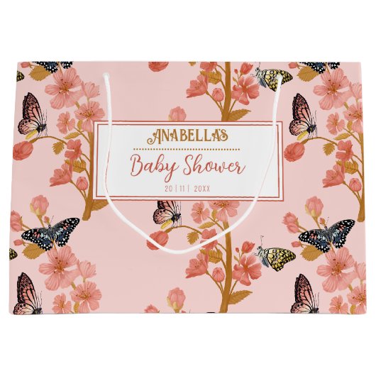 ピンクお洒落ボホバタフライガールベビーシャワー ラージペーパーバッグ (正面)