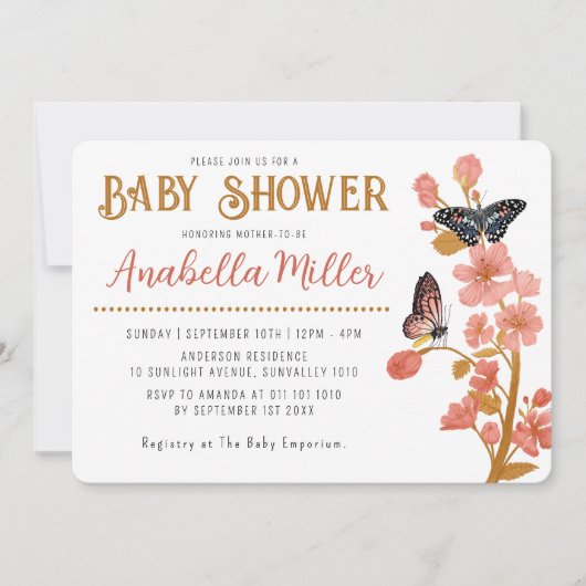 ピンクお洒落ボホバタフライガールベビーシャワー 招待状 (正面)
