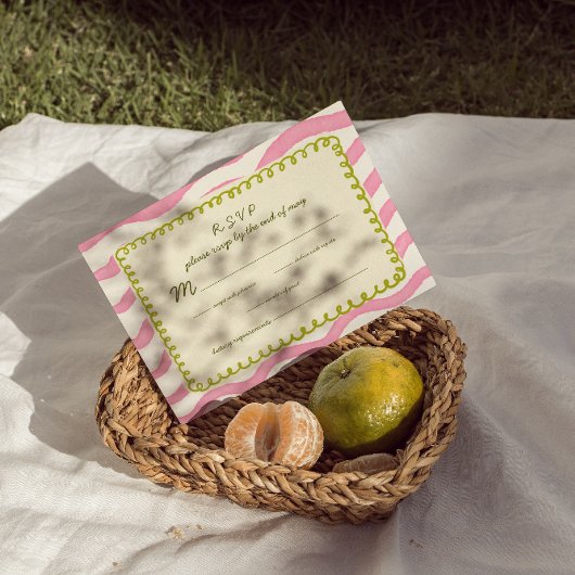 ピンクお洒落モダンとグリーンの結婚式RSVPカード 出欠カード