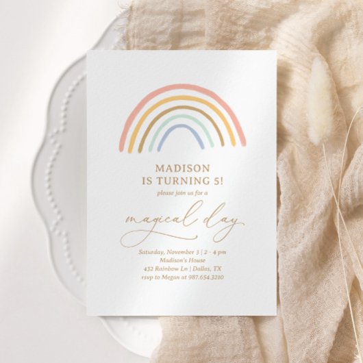 ピンクお洒落レインボーガールバースデーパーティー 招待状