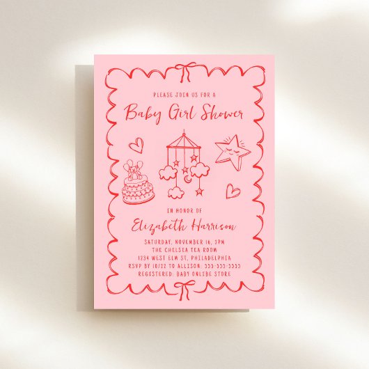 ピンクお洒落レッド波状フレームベビーガールシャワー 招待状