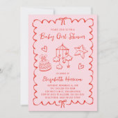 ピンクお洒落レッド波状フレームベビーガールシャワー 招待状 (正面)