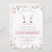 ピンクお洒落ワイルドフラワーズバニーの誕生日 招待状 (正面/裏面)
