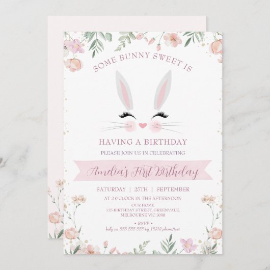 ピンクお洒落ワイルドフラワーズバニーの誕生日 招待状 (正面/裏面)