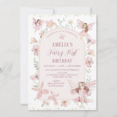 ピンクお洒落ワイルドフラワーフェアリー第1誕生日 招待状 (正面)