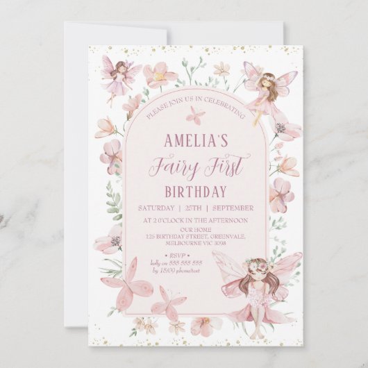 ピンクお洒落ワイルドフラワーフェアリー第1誕生日 招待状 (正面)