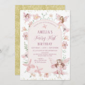 ピンクお洒落ワイルドフラワーフェアリー第1誕生日 招待状 (正面/裏面)