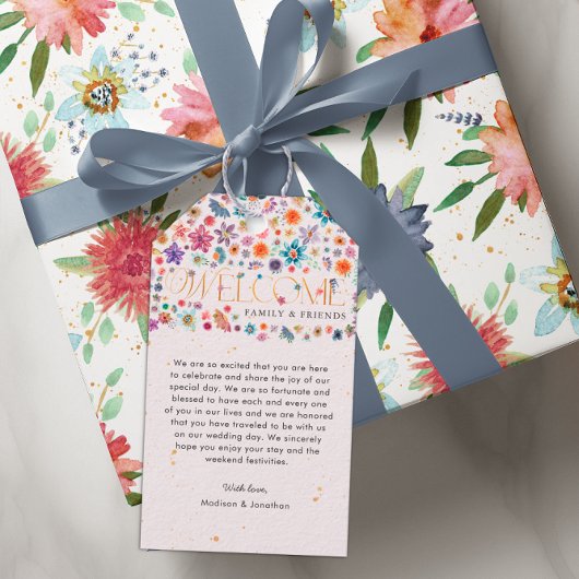 ピンクお洒落ワイルドフラワー金ゴールド結婚の歓迎 ギフトタグ