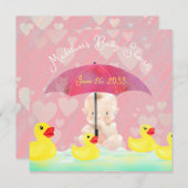 ピンクお洒落ヴィンテージダッキー（アヒルちゃん）傘ベビーシャワー 招待状 (正面/裏面)