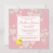 ピンクお洒落ヴィンテージダッキー（アヒルちゃん）傘ベビーシャワー 招待状 (裏面)