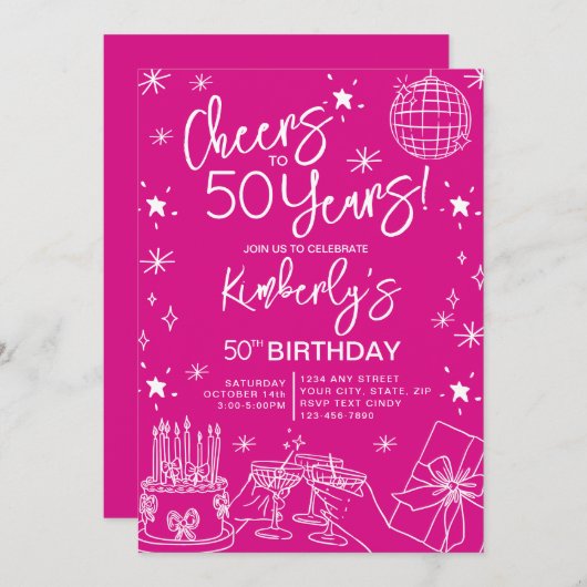 ピンクお洒落応援50年誕生日 招待状 (正面/裏面)