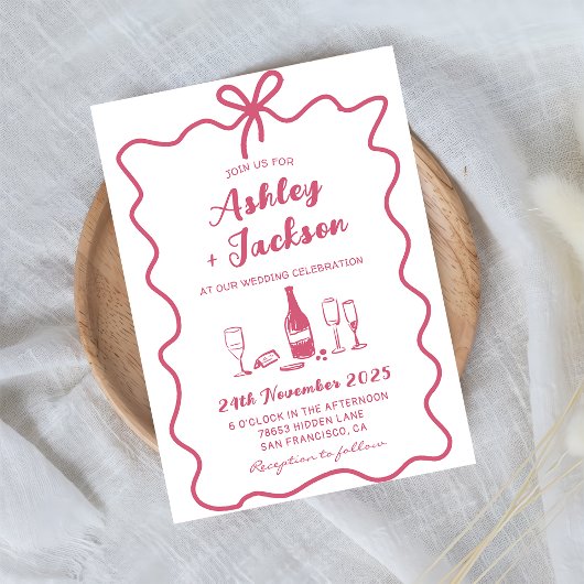 ピンクお洒落手引き弓結婚式招待状 招待状