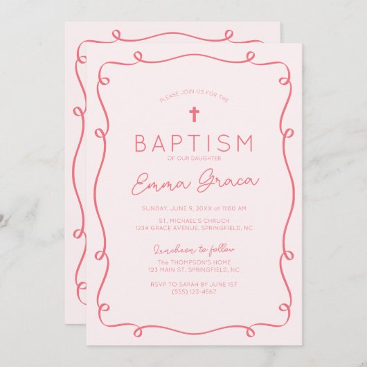 ピンクお洒落手引き洗礼招待状 招待状 (正面/裏面)
