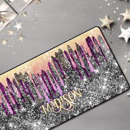 ピンクお洒落紫グリッター金ゴールドドリップモノグラム デスクマット