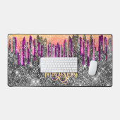 ピンクお洒落紫グリッター金ゴールドドリップモノグラム デスクマット (キーボード&マウス)