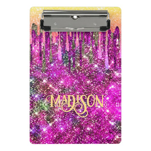 ピンクお洒落紫グリッター金ゴールドドリップモノグラム ミニクリップボード (正面)