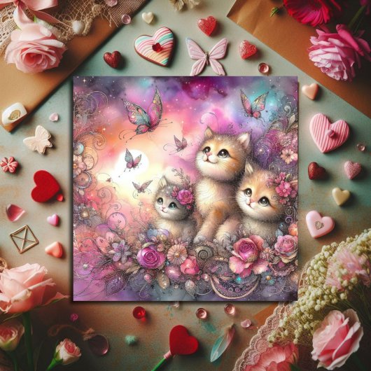 ピンクお洒落紫色の水彩子猫バレンタイン シーズンカード