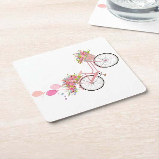ピンクお洒落自転車 スクエアペーパーコースター (アングル)