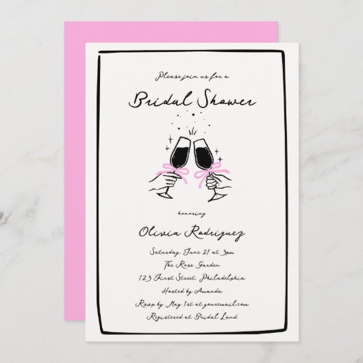 ピンクお洒落色の手描き弓ガラス結婚ズ 招待状 (正面/裏面)