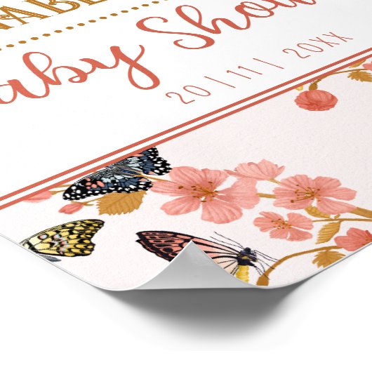 ピンクお洒落蝶の赤ちゃんシャワー歓迎サイン ポスター (角)