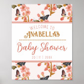 ピンクお洒落蝶の赤ちゃんシャワー歓迎サイン ポスター (正面)