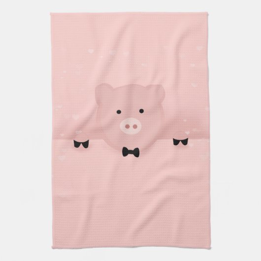 ピンクお洒落豚かわいい農園動物 キッチンタオル (縦)