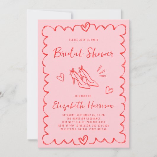 ピンクお洒落赤色の波状フレームブライダルシャワー 招待状 (正面)