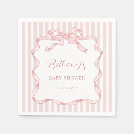 ピンクお洒落赤面リボン女の子ベビーシャワー スタンダードカクテルナプキン (正面)