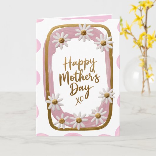 ピンクお洒落金ゴールド&ホワイトデイジー母の日 カード (黄色い花)