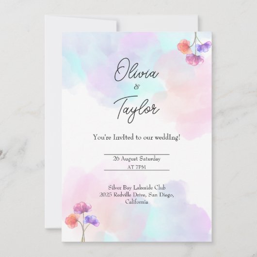 ピンクお洒落&ブルー結婚式招待状 招待状 (正面)