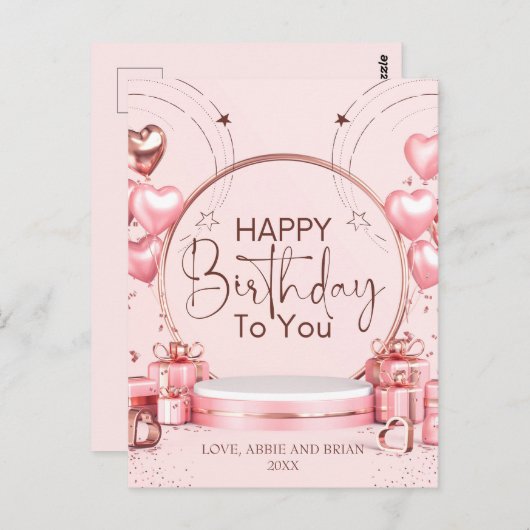 ピンクお祝いパーソナライズされた誕生日はがき ポストカード (正面/裏面)
