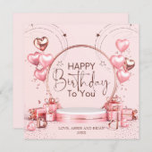 ピンクお祝いパーソナライズされた誕生日カード 招待状 (正面/裏面)