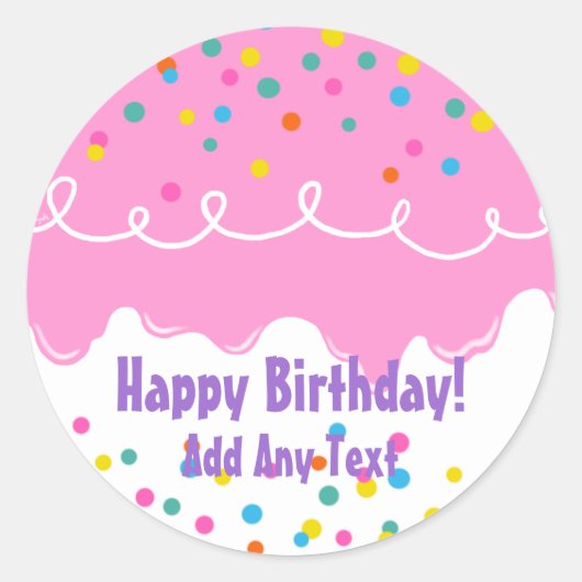 ピンクお誕生日ケーキつや消し ラウンドシール (正面)