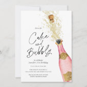 ピンクお誕生日ケーキとバブルシャンパン 招待状 (正面)