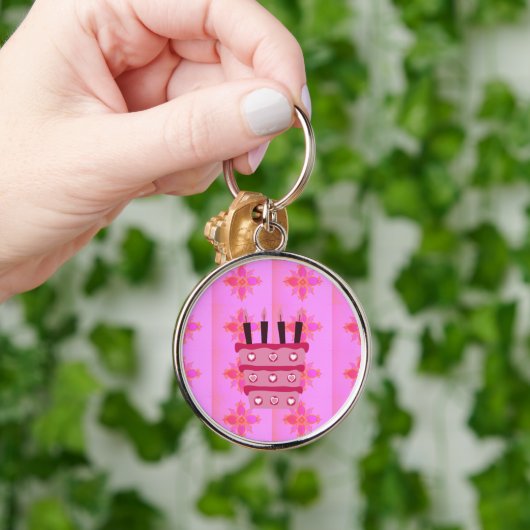 ピンクお誕生日ケーキアートプリント キーホルダー (手)