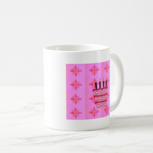 ピンクお誕生日ケーキアートプリント コーヒーマグカップ (正面右)